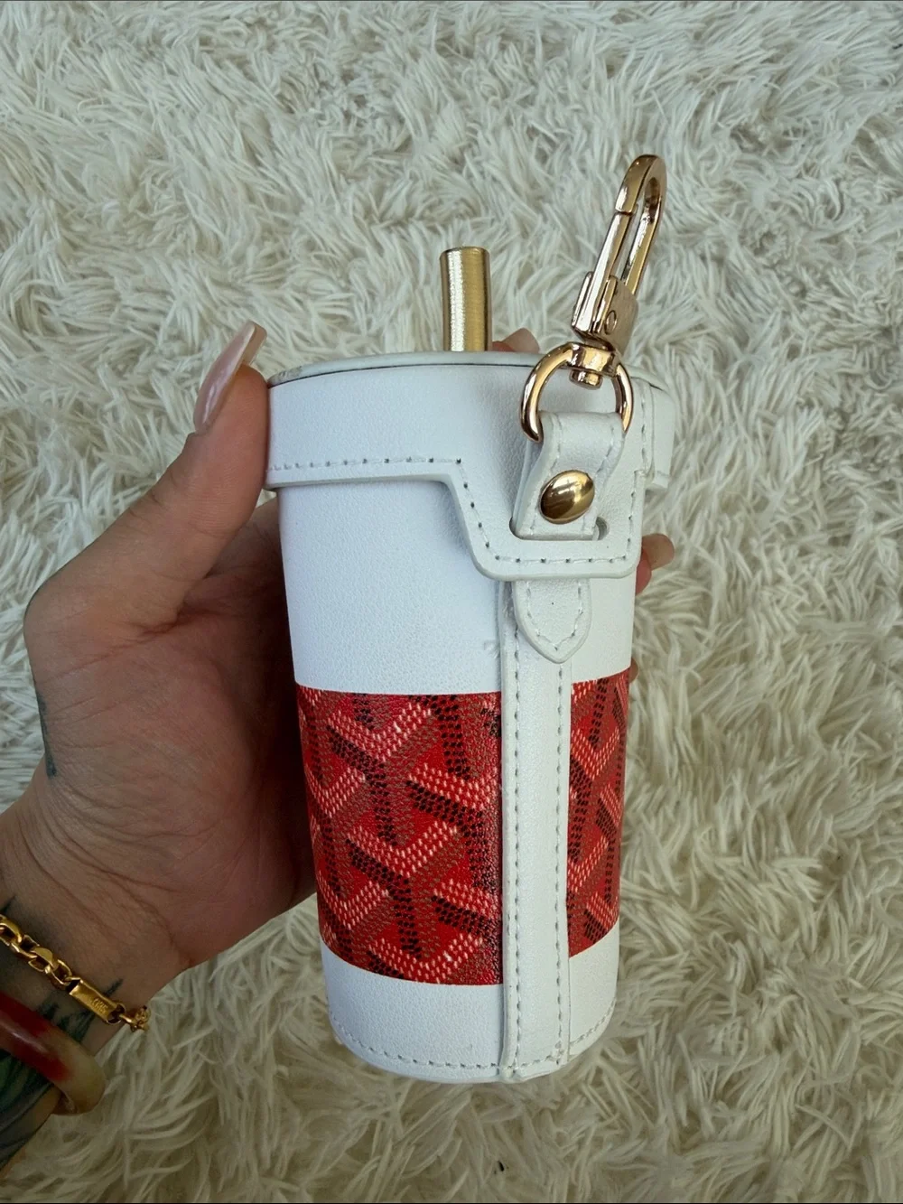 White and Red Faux Leather Travel Cup Keychain